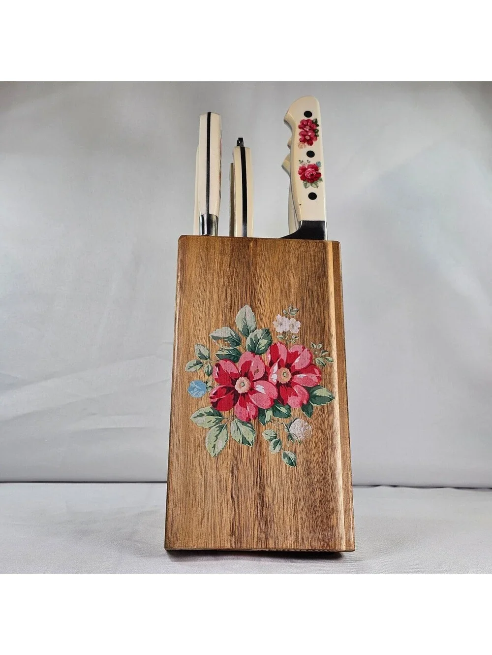 Pioneer Woman Vtg Floral 14 Piece Cutlery Set Wood Block Cream Floral Handles